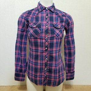 Red Camel top Small plaid button down roll tab sleeve darts fall 100% cotton